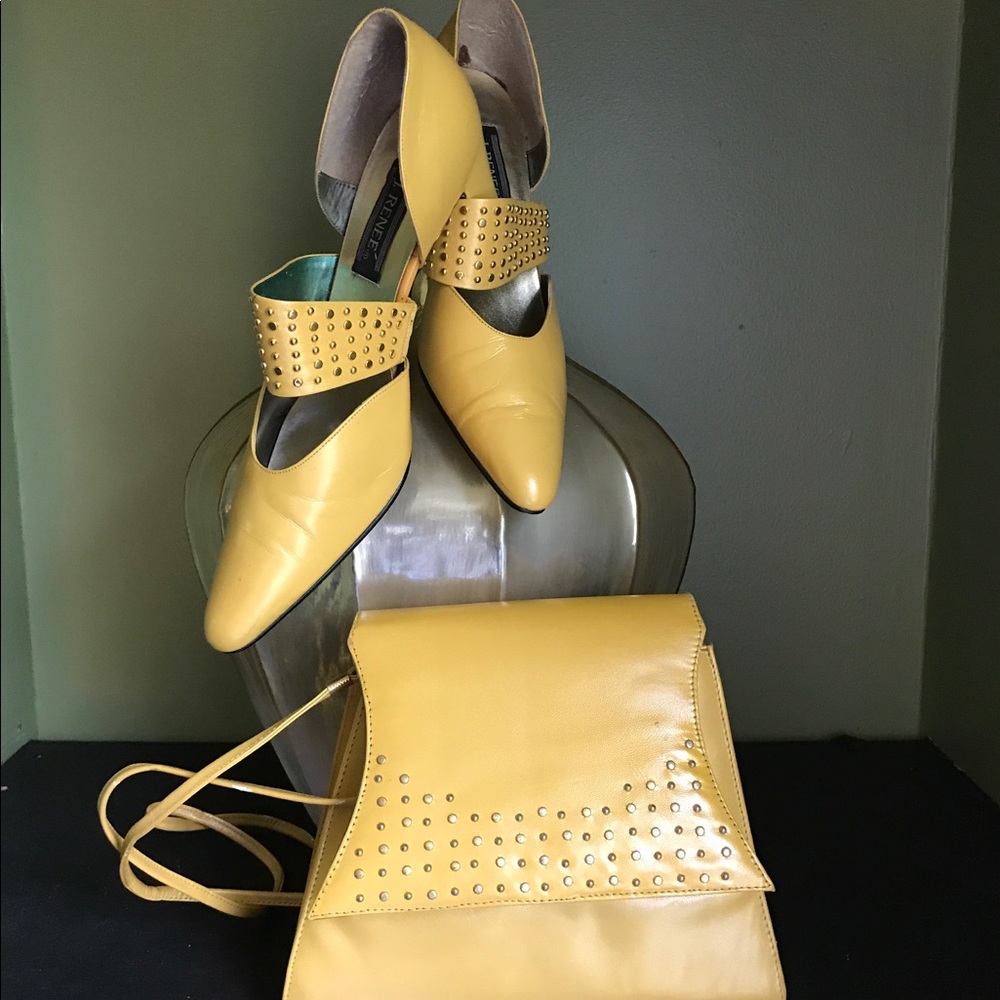 J RENEE heels with matching handbag yellow W/studs